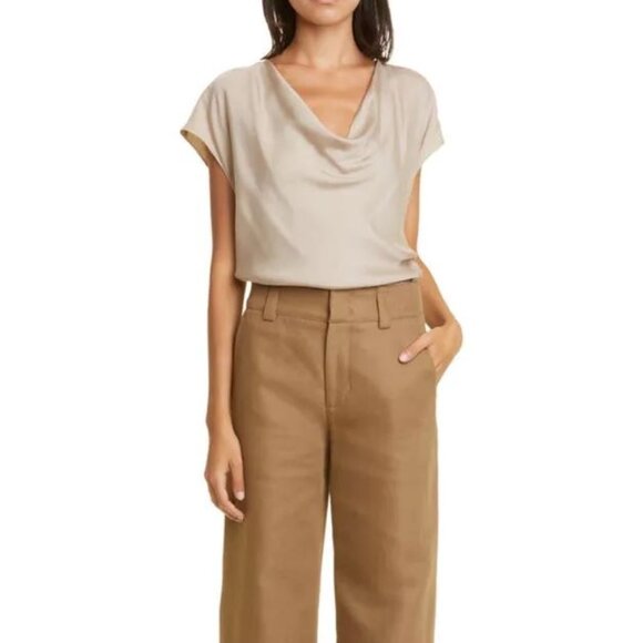 Vince Tops - Vince Cowl Neck Cap Sleeve Blouse Short Sleeve Silk Blend Top Oat Tan Size Small
